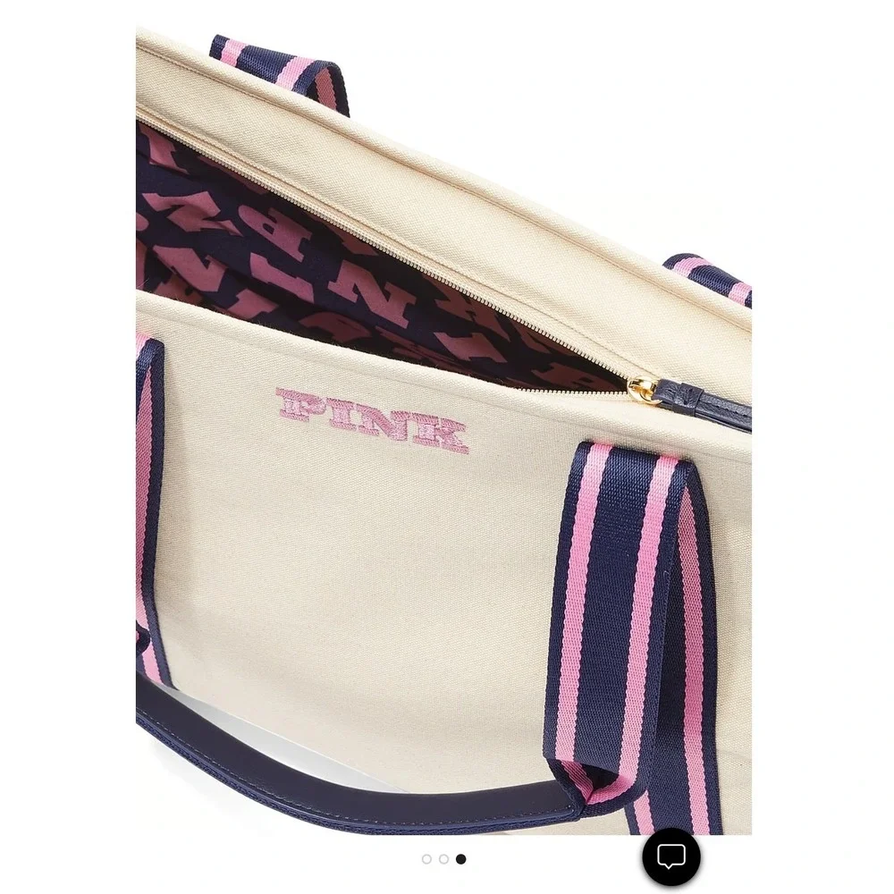 Victoria's Secret PINK Canvas Tote Bag Cream Beige Navy Pink Striped Zip Top NEW